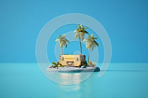 Tropical island with a yellow travel suitcase. Generative ai