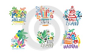 Tropical islands labels set. Maldive, Crete, Bali, Tahiti, Sicilia, Hawaii badges for tourist agency, tropical party