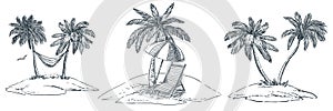 Tropical islands with palm trees, hammock, parasol and chaise longue. Vector hand drawn sketch landscape illustration