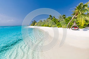 Tropical islands paradise. Exotic paradise. Travel, tourism and vacations. Palms on tropical beach landscape, luxury resort