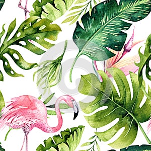 Tropical isolated seamless pattern with flamingo. Watercolor tropic drawing, rose bird and greenery palm tree, tropic