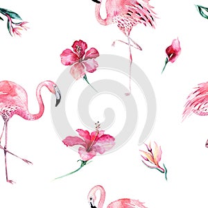 Tropical isolated seamless pattern with flamingo. Watercolor tropic drawing, rose bird and greenery palm tree, tropic