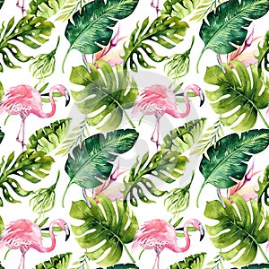 Tropical isolated seamless pattern with flamingo. Watercolor tropic drawing, rose bird and greenery palm tree, tropic