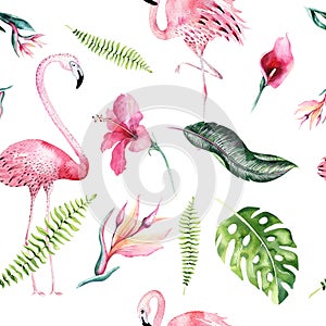 Tropical isolated seamless pattern with flamingo. Watercolor tropic drawing, rose bird and greenery palm tree, tropic