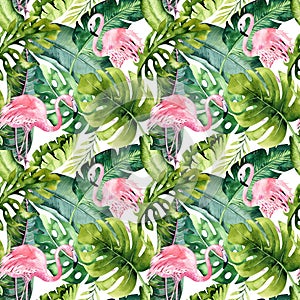 Tropical isolated seamless pattern with flamingo. Watercolor tropic drawing, rose bird and greenery palm tree, tropic