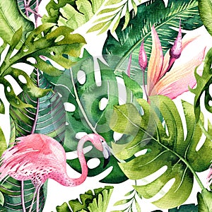 Tropical isolated seamless pattern with flamingo. Watercolor tropic drawing, rose bird and greenery palm tree, tropic