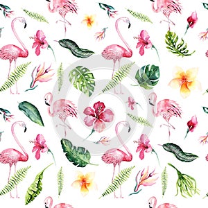 Tropical isolated seamless pattern with flamingo. Watercolor tropic drawing, rose bird and greenery palm tree, tropic