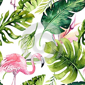 Tropical isolated seamless pattern with flamingo. Watercolor tropic drawing, rose bird and greenery palm tree, tropic