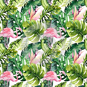 Tropical isolated seamless pattern with flamingo. Watercolor tropic drawing, rose bird and greenery palm tree, tropic