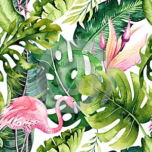 Tropical isolated seamless pattern with flamingo. Watercolor tropic drawing, rose bird and greenery palm tree, tropic