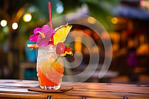 Tropical juice cocktail glass on table against night beach bar. Generative AI