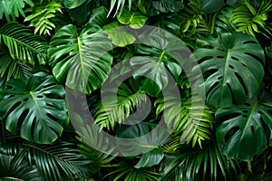 Tropical jungle background with lush green monstera and fern leaves. A tropical plants wall with dark green foliage