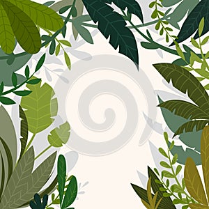 Tropical jungle background with palm trees and leaves in cartoon style.