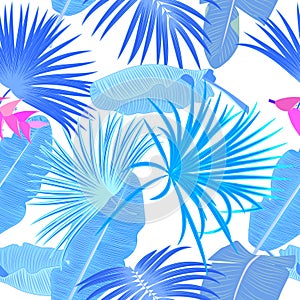 Tropical jungle blue palm leaves seamless pattern, vector floral