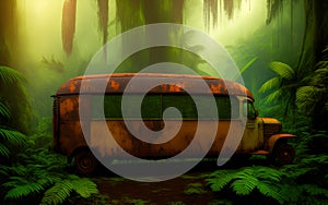 Tropical jungle forest and an old rusty military bus. Generative Al Illustration