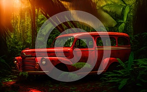 Tropical jungle forest and red vintage car. Generative Al Illustration