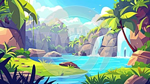 Tropical jungle modern landscape background with river in jungle forest. Water cartoon nature illustration with grass