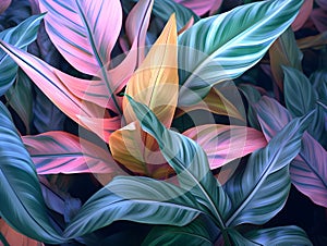 Tropical jungle palm leaves pastel color background with vived colorful high details