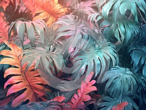 Tropical jungle palm leaves pastel color background with vived colorful high details