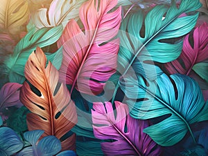 Tropical jungle palm leaves pastel color background with vived colorful high details