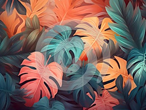 Tropical jungle palm leaves pastel color background with vived colorful high details