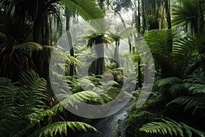 Tropical jungle with palm leaves and tree ferns in Tarra Bulga National Park