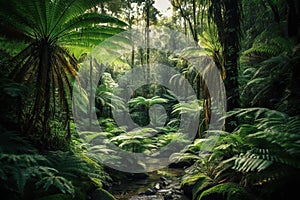 Tropical jungle with palm leaves and tree ferns in Tarra Bulga National Park