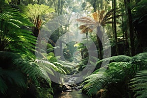 Tropical jungle with palm leaves and tree ferns in Tarra Bulga National Park