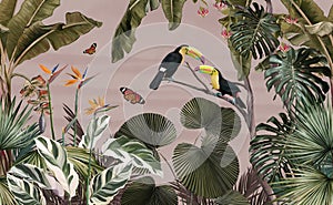 Tropical jungle pattern wallpaper with palm trees, plants, birds, butterflies, and toucans on a pink background.jpg