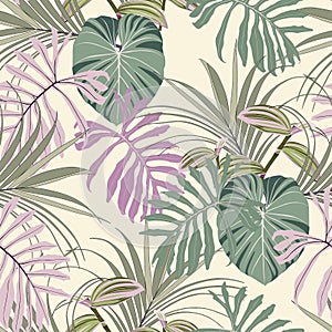 Tropical jungle plants, exotic green pink leaves on yellow background.