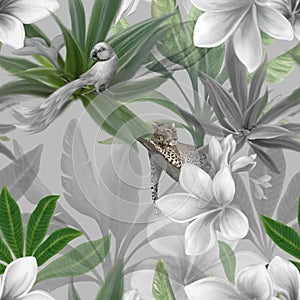 Tropical jungle seamless pattern black and white background