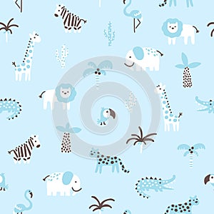 Tropical jungle seamless pattern. Cute wild animals in a simple hand-drawn Scandinavian doodle style. Nursery pastel