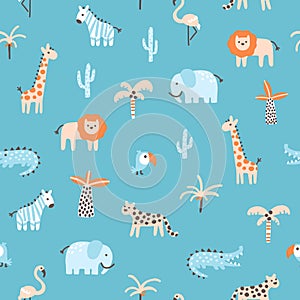 Tropical jungle seamless pattern. Cute wild animals in a simple hand-drawn Scandinavian doodle style. Nursery pastel