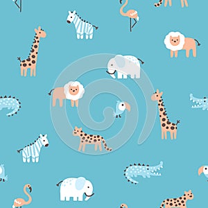 Tropical jungle seamless pattern. Cute wild animals in a simple hand-drawn Scandinavian doodle style. Nursery pastel