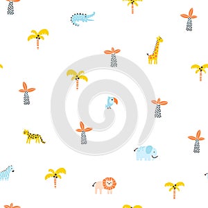 Tropical jungle seamless pattern. Cute wild animals in a simple hand-drawn Scandinavian doodle style. Nursery pastel