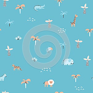 Tropical jungle seamless pattern. Cute wild animals in a simple hand-drawn Scandinavian doodle style. Nursery pastel