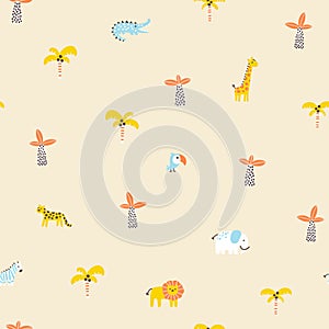 Tropical jungle seamless pattern. Cute wild animals in a simple hand-drawn Scandinavian doodle style. Nursery pastel