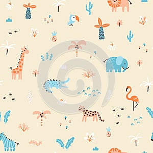 Tropical jungle seamless pattern. Cute wild animals in a simple hand-drawn Scandinavian doodle style. Nursery pastel