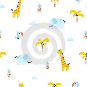 Tropical jungle seamless pattern. Cute wild animals in a simple hand-drawn Scandinavian doodle style. Nursery pastel