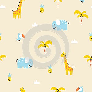 Tropical jungle seamless pattern. Cute wild animals in a simple hand-drawn Scandinavian doodle style. Nursery pastel