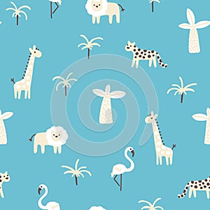 Tropical jungle seamless pattern. Cute wild animals in a simple hand-drawn Scandinavian doodle style. Nursery pastel