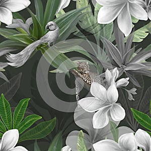 Tropical jungle seamless pattern on dark green background