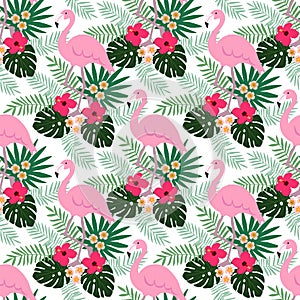 Tropical jungle seamless pattern with flamingo bird, hibiscus and plumeria flowers and palm leaves, flat design,