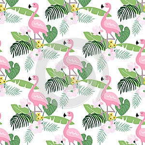 Tropical jungle seamless pattern with flamingo bird, palm leaves and magnolia or lotus flowers. Flat design, vector