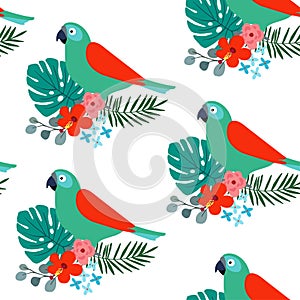 Tropical jungle seamless pattern with parrot bird, palm leaves and hibiscus flowers. Flat design, vector illustration