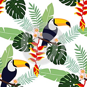 Tropical jungle seamless pattern with toucan bird, heliconia and plumeria flowers and palm leaves, flat design,