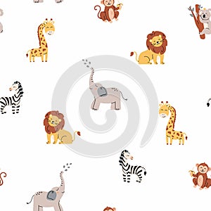 Tropical jungle seamless pattern. Zoo animals. Cute wild animals in a simple Scandinavian style