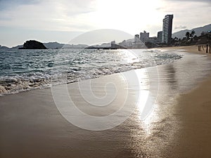 Tropical landscape of Acapulco beach, Mexico in the evening