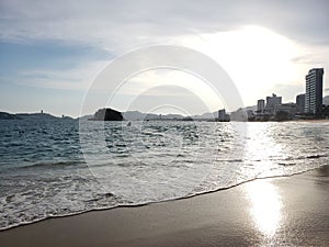 Tropical landscape of Acapulco beach, Mexico in the evening