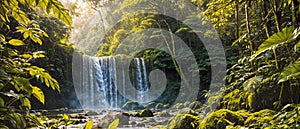 Tropical landscape, banner - view of a river with a waterfall in a tropical rainforest, jungle